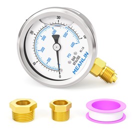 MEANLIN MEASURE 0-40bar/600PSI Stainless Steel 1/4" BSP 2.5" Face Dial Fluid Filled Pressure Gauge WOG Water Oil Air Bottom Mount with 1/4" x 1/2" BSP and 1/4" x 3/8" BSP Hex Socket