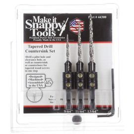 Snappy Tools 44300 New 3-Piece Hex Shank Tapered Drill Countersinks Set For #6/#8/#10 Wood Screws, Reusable, Use With Round Shank Tapered Twist Drills, 1.8-Inch Hex Key, 1/4-Inch Hex Power Bit Shank