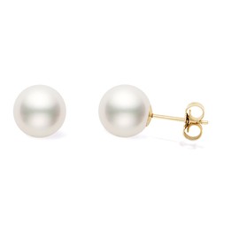 14k Yellow Gold AA+ Quality Japanese White Akoya Cultured Pearl Stud Earrings for Women (9-9.5mm) - PremiumPearl