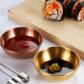 XINDAOLAISHENGQ 2 Set Dipping Bowl Set Stainless Steel Golden Dip Bowls Snack Serving Dishes Bowls Small Bowls for Dips Ingredients Appetizer Sauce Bowls with Spoon for Home Kitchen