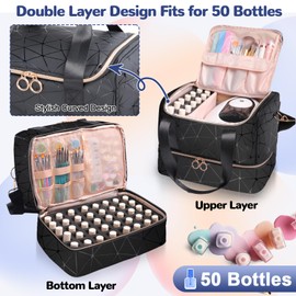 Partreko Partreko Nail Polish Organizer Holds 50 Bottles (15ml/0.5 fl.oz)& Nail Lamp, PU Leather Nail Organizers and Storage Bag with Shoulder Strap, Portable Nail Supplies Kit Organizer Carrying Case (Black)