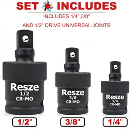 Resze 3PCS Universal Joint Swivel Socket Adapter Set (1/4", 3/8", 1/2"), 360° Rotating, Chrome-Plated Steel, Universal Fit, Anti-Slip Design - Heavy-Duty Automotive & DIY Mechanics Tool Kit