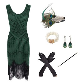 shoperama 20s Charleston Flapper Women's Costume, Green Sequin Dress with Fringes, 5-Piece Peacock Accessory Set, Size: XL