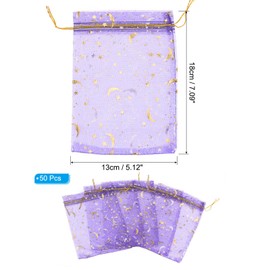 PATIKIL Moon Star Printed Organza Bags, 50 Pcs 7.09x5.1 Inch Drawstring Mini Pouches Favor Gift Candy Jewelry Bags for Christmas Thanksgiving Festival Party Wedding, Light Purple