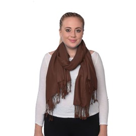 Mitchell Lewiss Women's Classic Elegant Bright Solid Colors Pashmina Silk Shawl Blend Soft Wrap Scarf (Brown)