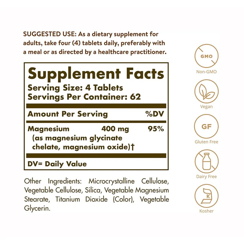 Solgar Chelated Magnesium, Non-GMO, Vegan, Gluten Free, Dairy Free, 250