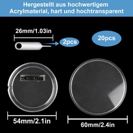 Pack of 20 Buttons Badges to Design Yourself, Button Buttons DIY without Button Machine, Transparent DIY Lapel Buttons, Acrylic Badge Button with Pin for Photo Picture Clothing, Diameter 60 mm