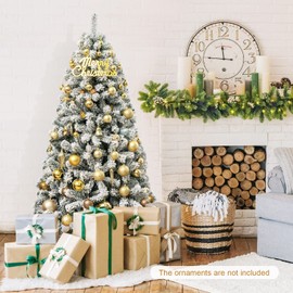 Byroce 6FT Unlit Snow Flocked Christmas Tree, Artificial Holiday Hinged Pine Tree with PVC Needles & Solid Metal Foldable Stand, Xmas Full Fake Tree for Home, Office, Party Decoration