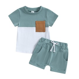 Himllauen Baby Boys Clothing Summer Kids Outfits Patchwork T-Shirt + Shorts Two Piece Baby Clothing, B Blue+White
