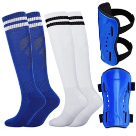 Aquzhou 2 Pairs Kids Football Socks with Kids Shin Pads, Aged 6-13 Boys Football Socks Cushioned Breathable Girls Boys Soccer Sock for Kids Junior
