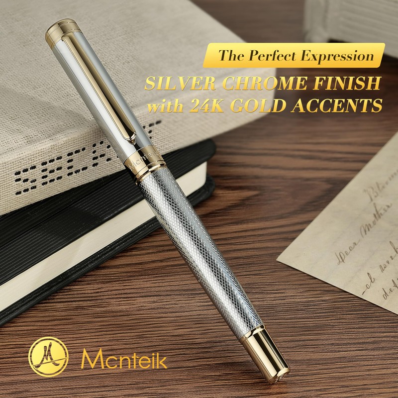 MCNTEIK Silver Chrome Rollerball Pen, Stunning Luxury Pen with Mesh