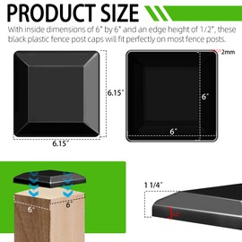 TonGass (6-Pack, Black) True I.D. 6x6" Wood Fence Post Caps, Wooden Fence Deck Post Covers, Durable Plastic Water-Proof and UV-Proof, Protect Wooden Poles from Cracking and Rotting