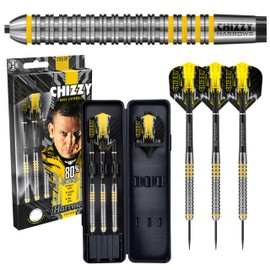 Harrows Dave Chisnall Chizzy 80% Tungsten Steel Tip Darts Set 21g, 22g, 23g & 24g | Includes Black Midi Supergrip Shafts, Prime Flights & Travel Case (22g)