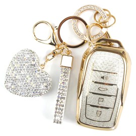 YIKECASE Key Fob Cover with Diamond Keychain Fit for Toyota Car Key Holder Compatible with Camry 2025, Venza 2019-2024, RAV4 Prime, Land Cruiser, Fortuner, Grand Highlander, Corolla, 4 Buttons (White)