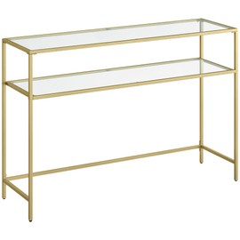 VASAGLE 47.2 Inch Console Sofa Table, Modern Entryway Table, Tempered Glass Table, Metal Frame, 2 Shelves, Adjustable Feet, for Living Room, Hallway, Gold Color ULGT045A61