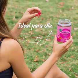 Multivitamínico para Mujer, Gomitas, Para Mayor Energía, Sabor Fresa y Granada, Con Ácido Hialurónico y Omega-3, Vitaminas A, B, C y E, 100% Natural, Sin Azúcar y Gluten, Heally