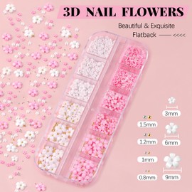 3D Flowers Manicure Gems with Nail Rhinestone Glue Gel, White Pink Acrylic Flower Nail Charms with Caviar Beads, Rhinestones for Nails with Gem Glue for Nails (UV/LED Needed) with Dotting Tools