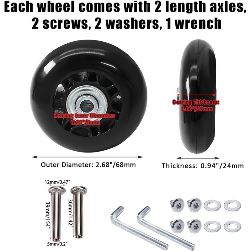 68 x 24mm 2 Pcs Luggage Suitcase Replacement Wheels, Rubber