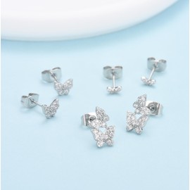 3Pcs Silver Stud Earrings Set for Women Girls, White Gold Plated Butterfly Studs Cubic Zirconia Ear Cartilage Helix Stud Earring Jewellery Gifts for Birthday Wedding