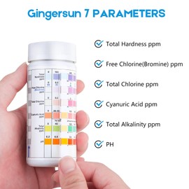 7 in 1 Pool Test Strips, 100pcs, Pool & Spa Test Strips, Water Quality Testing Strip for Hardness, Chlorine, Bromine, pH, Alkalinity, and Cyanuric Acid in Freshwater Saltwater Swimming Pool