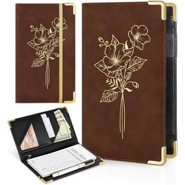 Server Books for Waitress, PU Leather Server Book with Zipper Pockets, Flower Pattern Waitress Book with Pen Holder Fit Server Apron Check Presenters for Restaurants - Color: Reddish-Brown