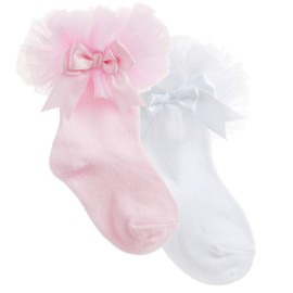Metzuyan 2 Pairs Baby Girls Tutu Frill Socks Cotton Rich White & Pink 0-0