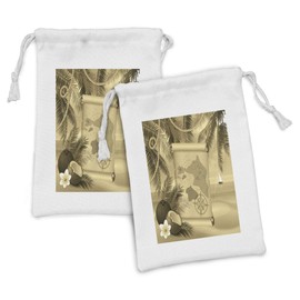 Ambesonne Island Map Fabric Pouch Set of 2, Monochrome Retro Treasure Map on a Tropical Escape Sandy Beach with Palms Exotic, Small Drawstring Bag for Toiletries Masks and Favors, 9" x 6", Sepia