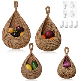 Rilicco 4 Pack Hanging Fruit Baskets for Kitchen-Boho Wall Hanging Basket with 8 Pcs Strong Hooks,100% Handwoven Hanging Basket for Produce Vegetable Potato Onion Storage (Linen)