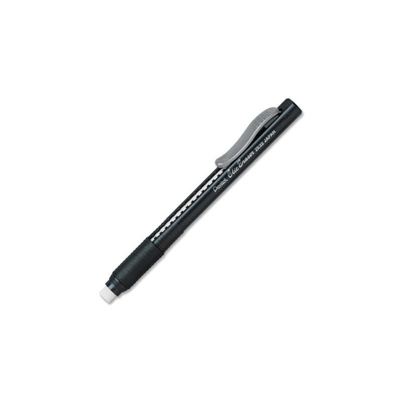 Pentel Clic Eraser, Retractable, Pocket Clip, Rubber Grip, Black Barrel