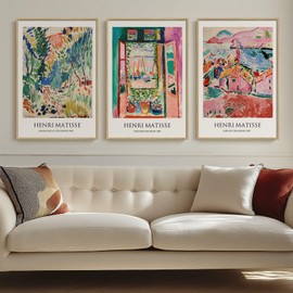 Framed Vintage Matisse Wall Art, Large Set of 3 Piece Colorful Canvas Artwork for Walls, Matisse Retro Landscape Paintings Prints Pictures for Living Room Bedroom Hallway Office Wall Decor 16x24