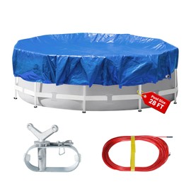COVALL 32 Ft Round Heavy Duty Winter Pool Cover，for 28ft Above Ground Pool,Cold and UV Resistant, Weatherproof and Durable, Winch & Cable Included (Blue/Black,Cover Diameter 32')