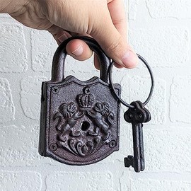 Cast Iron Brown Padlock Key Antique Vintage Lock Door Rustic Decor Garden Home Shed Working Set