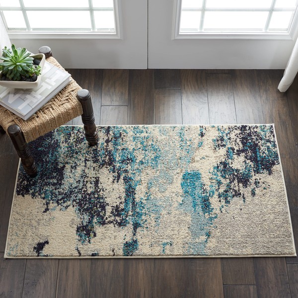 Nourison Celestial Modern Abstract Ivory/Teal Blue 2'2" x 3'9" Area -Rug, Easy -Cleaning, Non Shedding, Bed Room, Living Room, Dining Room, Kitchen (2x4)