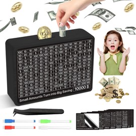 Wooden Money Saving Box,Piggy Bank for Adults Kids,Cash Savings Challenge Box,Money Saving Box with 10000 Dollars Target,No Install Required,Convenient and Practical (Black)