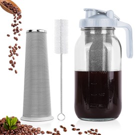 QHH Cold Brew Coffee Maker, 64 oz Wide Mouth Mason Jar Pitcher with Stainless Steel Filter, Pour Spout Handle Lid, Heavy Duty Glass Airtight & Leak-Proof Pitcher for iced coffee & Tea Lemonade- Gray