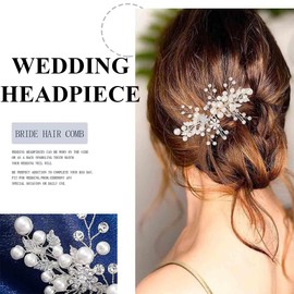 AIYVELU Bridal Flower Wedding Hair Comb, Silver Pearl Headwear, Silver Crystal Headpiece Leaf, Leaf Wedding Side Comb, Bridal Hair Accessories for Women and Girls (Silver)