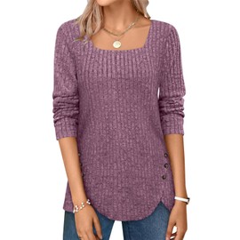 Womens Long Sleeve Tops Square Neck Jumpers Ladies Lightweight Sweatshirt Ribbed Top Oversized Jumper for Women UK Fitted Knit Tops Womens Long Tops Fall Winter Tops Fuchsia