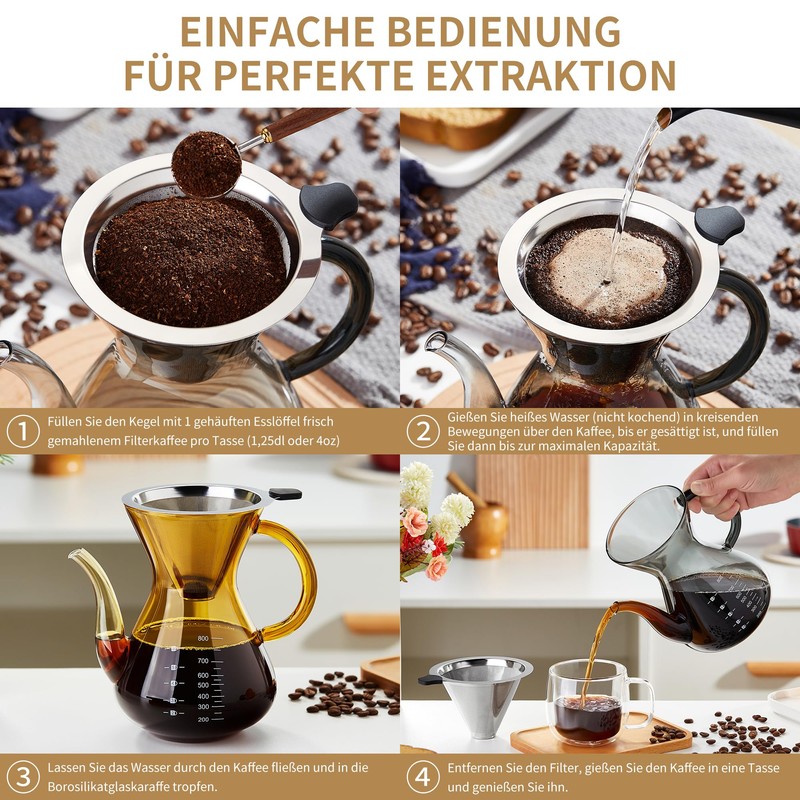 MESNEY Handfilter Kaffeekanne 800ml – Glas Kaffeebereiter mit Edelstahlfilter, Wiederverwendbarer
