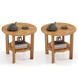 Giantex Teak Wood Outdoor Side Table - 19.5" Small Patio Coffee Table with Slatted Top, Open Shelf, Easy Assembly, 2-Tier Adirondack Table, Round End Table for Porch, Backyard, Garden, Pool (2)