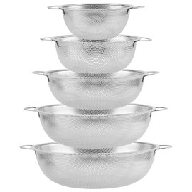 MOUYAT 5 PCS Stainless Steel Colander, Metal Colander Perforated Strainer, Silver Colanders with Handle for Kitchen, Pasta, Vegetable, Rice, Fruit, Food