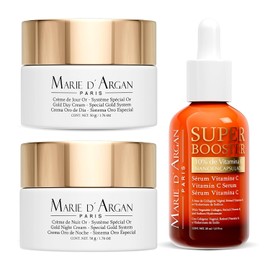 Marie d'Argan Kit Facial Antiedad 3 Piezas, Cremas De Día Y Noche Con Oro 24K 50 g, Sérum Vitamina C 10% 30 ml Con Retinol Y Ácido Hialurónico, Para Firmeza, Hidratación Y Luminosidad