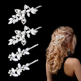 Nogeqi 4PCS Diamante Hair Clips for Women, Leaf Shape Sparkly Hair Clips with Crystal, Alloy Rhinestone Barrettes, Silver Hair Accessories French Bridesmaid Hair Accessories for Women Wedding Parties