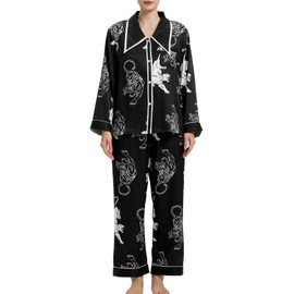 Husmeu Pyjamas for Women Soft Satin Tiger Print Silk Sleepwear for Women Long Sleeve Two Piece Button Down Sleepwear Loungewear Black L