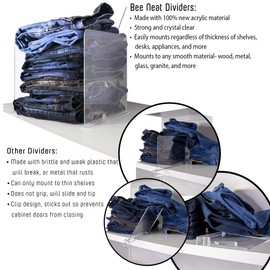 Bee Neat Clear Acrylic Shelf Dividers for Closets - Closet Shelf Organizer and Storage for Clothes, T-Shirts, Books, Sweaters - Shelf Divider for Closet Organization - 6 Pack - 8" Tall 11 ⅝" Deep