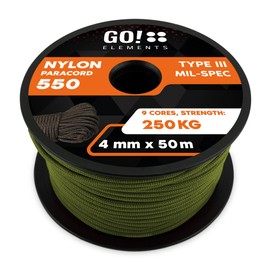 GO!elements 50 m Paracord Rope Made of Tear-Resistant Nylon Cord - 4 mm Paracord 550 Type III Cord - All-Purpose Rope and Cord - Max. 250 kg, Colour: Olive