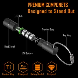 KeyUnity KF00 - Mini llavero LED de titanio, 15 lúmenes, impermeable, luz eléctrica, tamaño de mano, modo único, para camping, senderismo, escalada, pesca, mochilero (negro)