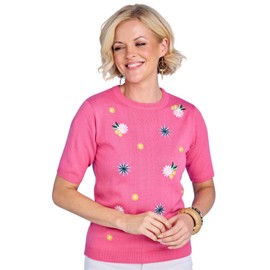 Chums Ladies Elegant Embroidered Floral Short Sleeve Jumper Fine Gauge Knit Rose 16-18