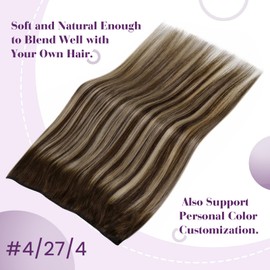 LaaVoo Real Hair Extensions with Wire Balayage Brown Fish Line Real Hair Remy Human Hair Dark Brown Ombre Ash Blonde Invisible Secret Wire Extensions 30 cm 80 g #4/27/4