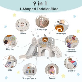 BIERUM 9 in 1 Toddler Slide, Kid Slide for Toddlers Age 1-3 with Ring Toss, Basketball Hoop, and Telescope, Indoor Outdoor Playset Playground Beige Gray