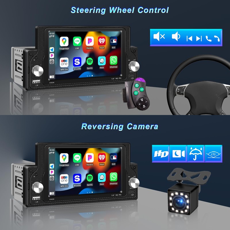 Wireless Apple CarPlay Single Din Car Radio,5.9 inch IPS Touch